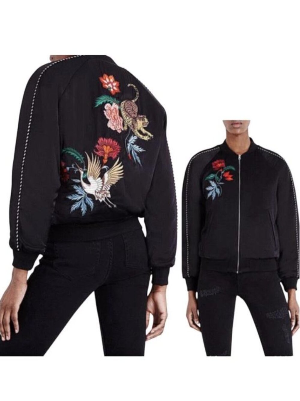 SANDRO Women's Flower Embroidered Quilted Padded Bomber Jacket Size 1 (Small)